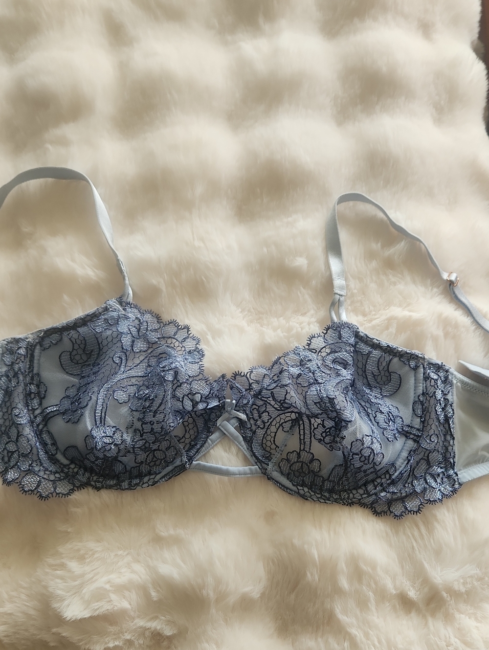 Victoria's Secret Pale Blue Lace Underwire Bra with Navy Lace Overlay